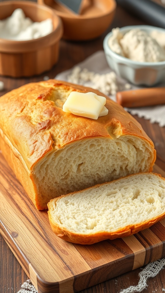 Simple 4-Ingredient No-Yeast Bread Recipe A golden-brown loaf of no-yeast bread sliced on a cutting board with melting butter.